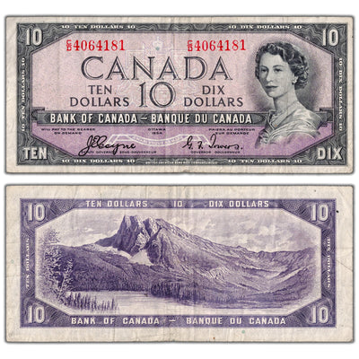 SOLD $10 1954 Bank of Canada Note Devil Face C/D Prefix BC-32a - F/VF (staple hole)