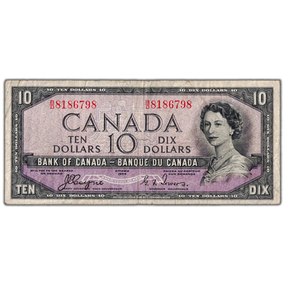 SOLD $10 1954 Bank of Canada Note Devil Face B/D Prefix BC-32a - Fine