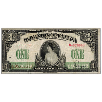 SOLD $1 1917 Dominion of Canada Note Saunders No Seal Series U DC-23b - Fine+