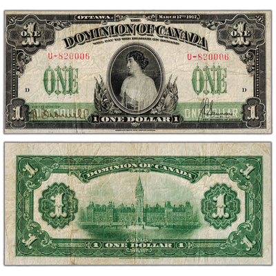 SOLD $1 1917 Dominion of Canada Note Saunders No Seal Series U DC-23b - Fine+