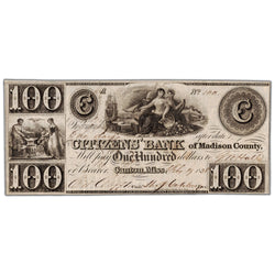 United States 1838 $100 Citizens' Bank of Madison County Note - VF/EF