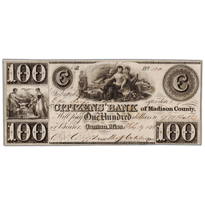 United States 1838 $100 Citizens' Bank of Madison County Note - VF/EF
