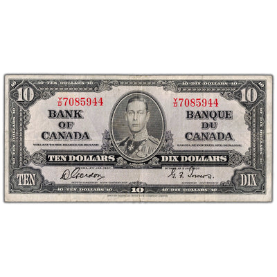 $10 1937 Bank of Canada Note Gordon-Towers Y/D Prefix BC-24b - F/VF