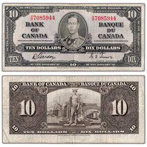 $10 1937 Bank of Canada Note Gordon-Towers Y/D Prefix BC-24b - F/VF