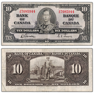$10 1937 Bank of Canada Note Gordon-Towers Y/D Prefix BC-24b - F/VF
