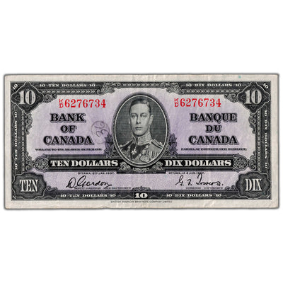 $10 1937 Bank of Canada Note Gordon-Towers K/D Prefix BC-24b - VF (writing)