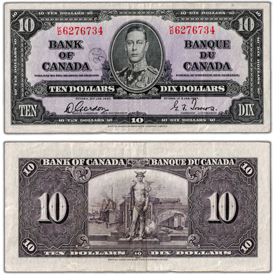 $10 1937 Bank of Canada Note Gordon-Towers K/D Prefix BC-24b - VF (writing)