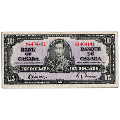 $10 1937 Bank of Canada Note Gordon-Towers H/D Prefix BC-24b - F/VF