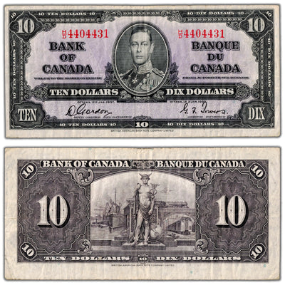 $10 1937 Bank of Canada Note Gordon-Towers H/D Prefix BC-24b - F/VF