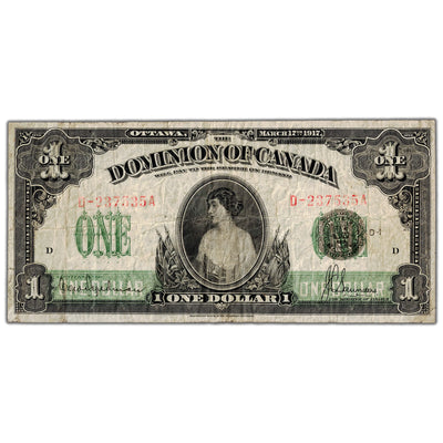 $1 1917 Dominion of Canada Note Saunders Seal Series D DC-23c - Fine+