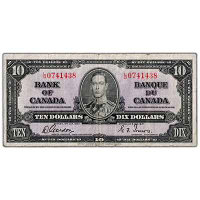 SOLD $10 1937 Bank of Canada Note Gordon-Towers L/D Prefix BC-24b - Fine