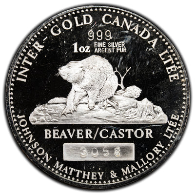 SOLD Johnson Matthey & Mallory 1oz .999 Fine Silver Beaver Round Inter-Gold Canada Ltee