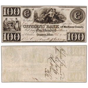 United States 1838 $100 Citizens' Bank of Madison County Note - VF/EF