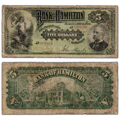 Bank of Hamilton 1892 $5 Canada Chartered Note #345-16-02a - Small Holes/Tears