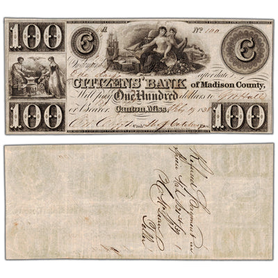 United States 1838 $100 Citizens' Bank of Madison County Note - VF/EF