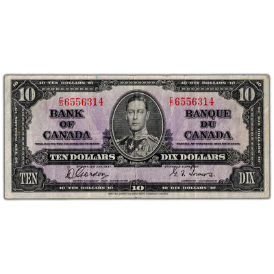 $10 1937 Bank of Canada Note Gordon-Towers C/D Prefix BC-24b - Fine
