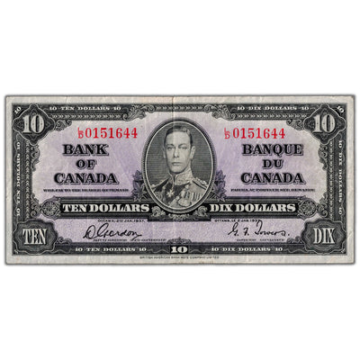 $10 1937 Bank of Canada Note Gordon-Towers L/D Prefix BC-24b - F/VF