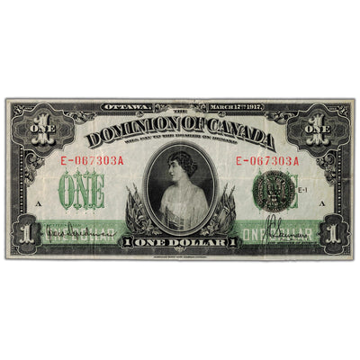 $1 1917 Dominion of Canada Note Saunders Seal Series E DC-23c - VF (small repair)