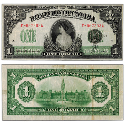 $1 1917 Dominion of Canada Note Saunders Seal Series E DC-23c - VF (small repair)
