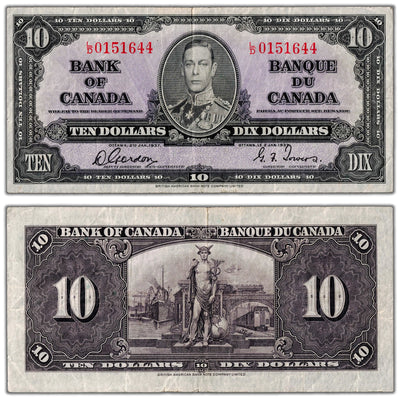$10 1937 Bank of Canada Note Gordon-Towers L/D Prefix BC-24b - F/VF