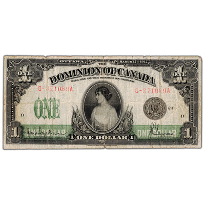 SOLD $1 1917 Dominion of Canada Note Saunders Seal Series G DC-23d - VG