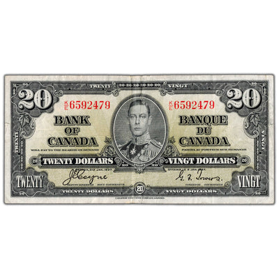 $20 1937 Bank of Canada Note Coyne-Towers K/E Prefix BC-25c - F/VF (pinholes)