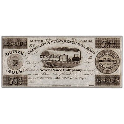 15 Sous 7 1/2 Pence 1837 Champlain & St. Lawrence Rail Road Note Remainder Note - UNC