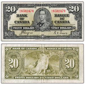 $20 1937 Bank of Canada Note Coyne-Towers K/E Prefix BC-25c - F/VF (pinholes)