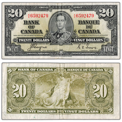 $20 1937 Bank of Canada Note Coyne-Towers K/E Prefix BC-25c - F/VF (pinholes)