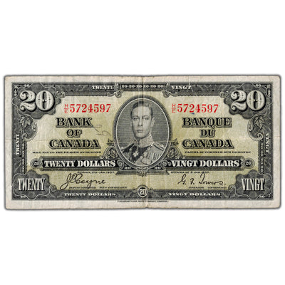 $20 1937 Bank of Canada Note Coyne-Towers H/E Prefix BC-25c - Writing/Tear