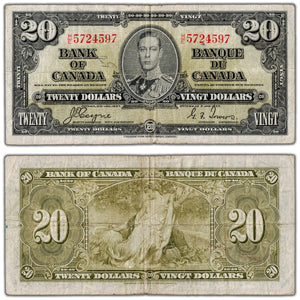 $20 1937 Bank of Canada Note Coyne-Towers H/E Prefix BC-25c - Writing/Tear