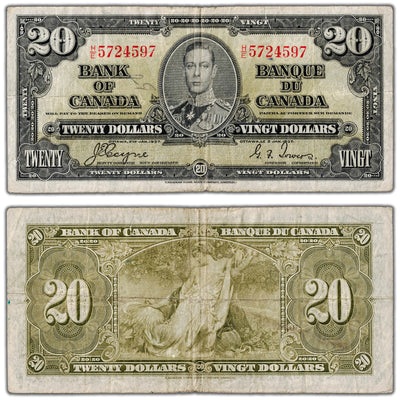 $20 1937 Bank of Canada Note Coyne-Towers H/E Prefix BC-25c - Writing/Tear