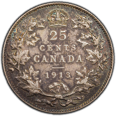 Canada 1913 25 Cents Quarter Silver Coin - VF+