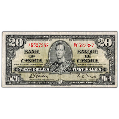 $20 1937 Bank of Canada Note Gordon-Towers C/E Prefix BC-25b - F/VF