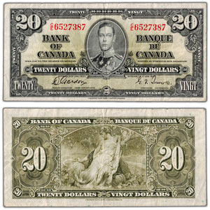 $20 1937 Bank of Canada Note Gordon-Towers C/E Prefix BC-25b - F/VF
