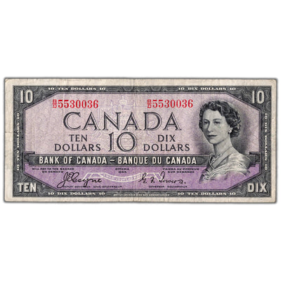 SOLD $10 1954 Bank of Canada Note Devil Face B/D Prefix BC-32a - Fine