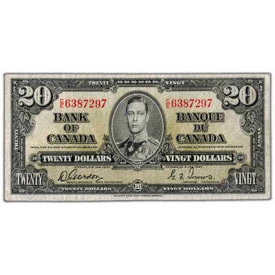 SOLD $20 1937 Bank of Canada Note Gordon-Towers C/E Prefix BC-25b - VF