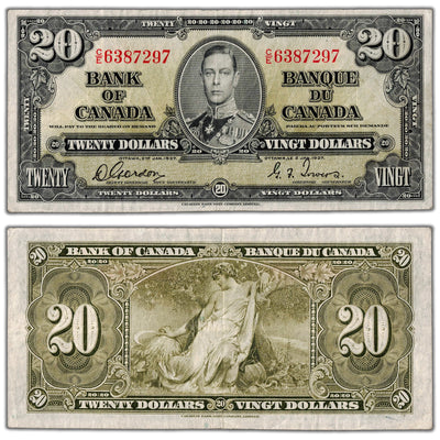 SOLD $20 1937 Bank of Canada Note Gordon-Towers C/E Prefix BC-25b - VF