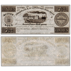 15 Sous 7 1/2 Pence 1837 Champlain & St. Lawrence Rail Road Note Remainder Note - UNC