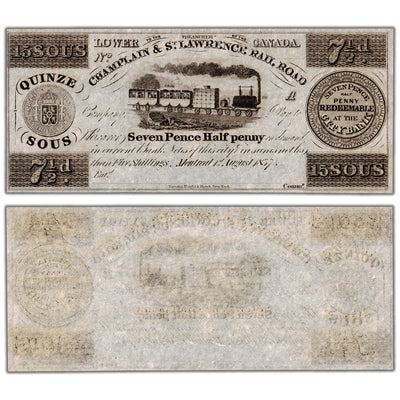15 Sous 7 1/2 Pence 1837 Champlain & St. Lawrence Rail Road Note Remainder Note - UNC