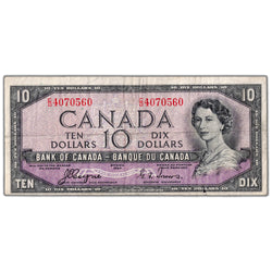 $10 1954 Bank of Canada Note Devil Face C/D Prefix BC-32a - Small Hole