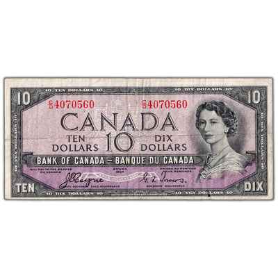 SOLD $10 1954 Bank of Canada Note Devil Face C/D Prefix BC-32a - Small Hole