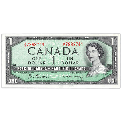 $1 1954 Bank of Canada Note Beattie-Rasminsky A/Z Prefix BC-37b-i - AU-58