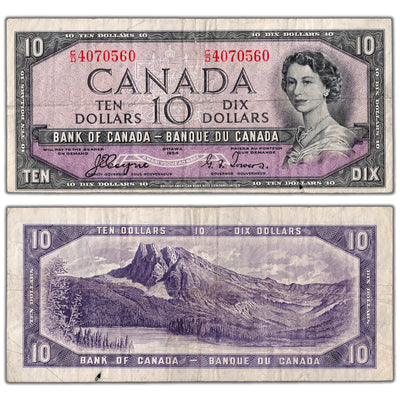 SOLD $10 1954 Bank of Canada Note Devil Face C/D Prefix BC-32a - Small Hole