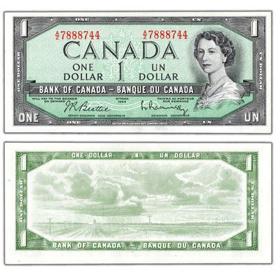 $1 1954 Bank of Canada Note Beattie-Rasminsky A/Z Prefix BC-37b-i - AU-58