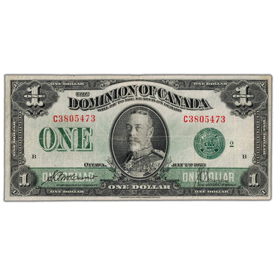 $1 1923 Dominion of Canada Note Green Seal Series C DC-25j - F/VF
