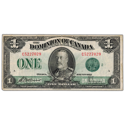 $1 1923 Dominion of Canada Note Green Seal Series C DC-25j - F/VF