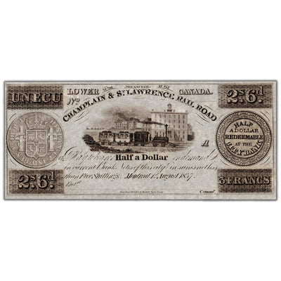 1 Ecu $1/2 1837 Champlain &amp; St. Lawrence Rail Road Note Remainder Note - UNC