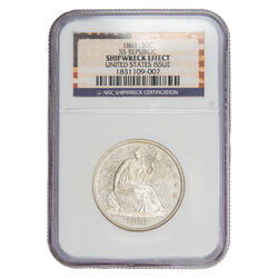 Front of NGC protective slab encapsulation holder for United States 1861 50 Cents Seated Liberty Half Dollar silver coin (SKU: 1831109-007), displaying the official NGC Shipwreck Effect certification label with grade, serial number, and barcode above the coin.