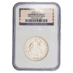 Front of NGC protective slab encapsulation holder for United States 1861 50 Cents Seated Liberty Half Dollar silver coin, displaying the official NGC Shipwreck Effect certification label with grade, serial number, and barcode above the coin.